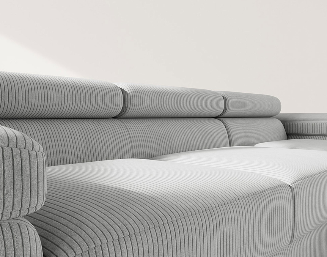 Canapé d'angle droit 6 places convertible avec coffre et têtières réglables en velours côtelé Pablo