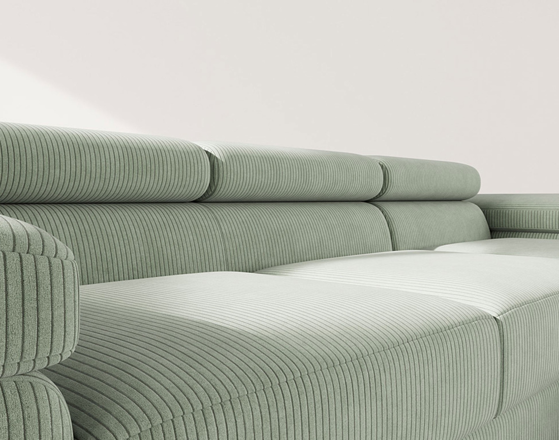 Canapé d'angle droit 6 places convertible avec coffre et têtières réglables en velours côtelé Pablo