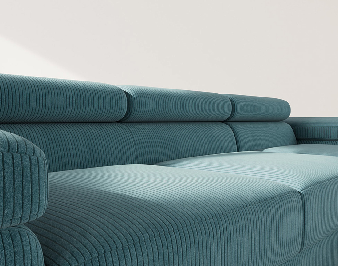 Canapé d'angle droit 6 places convertible avec coffre et têtières réglables en velours côtelé Pablo