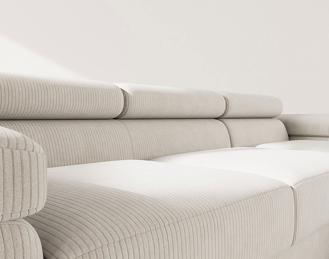 Canapé d'angle droit 6 places convertible avec coffre et têtières réglables en velours côtelé Pablo