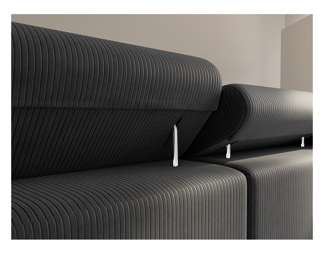 Canapé d'angle droit 6 places convertible avec coffre et têtières réglables en velours côtelé Pablo