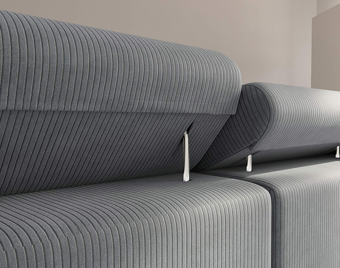 Canapé d'angle droit 6 places convertible avec coffre et têtières réglables en velours côtelé Pablo