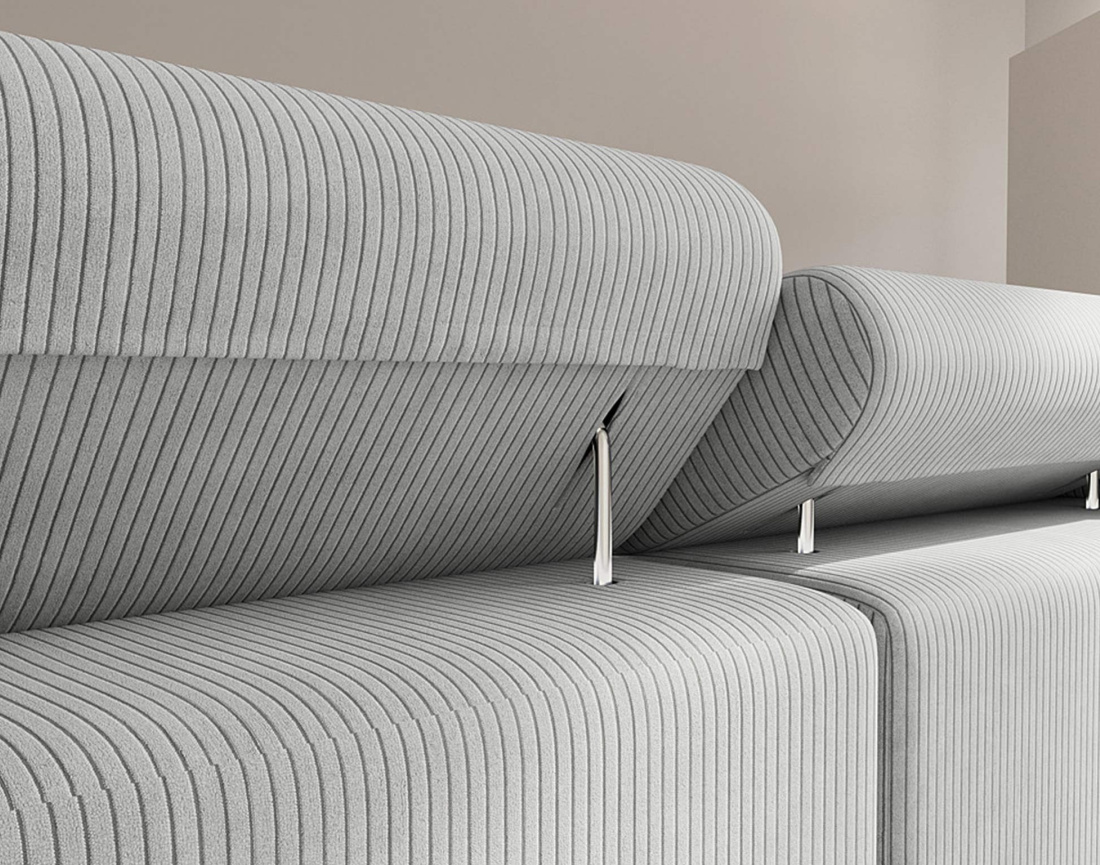 Canapé d'angle droit 6 places convertible avec coffre et têtières réglables en velours côtelé Pablo