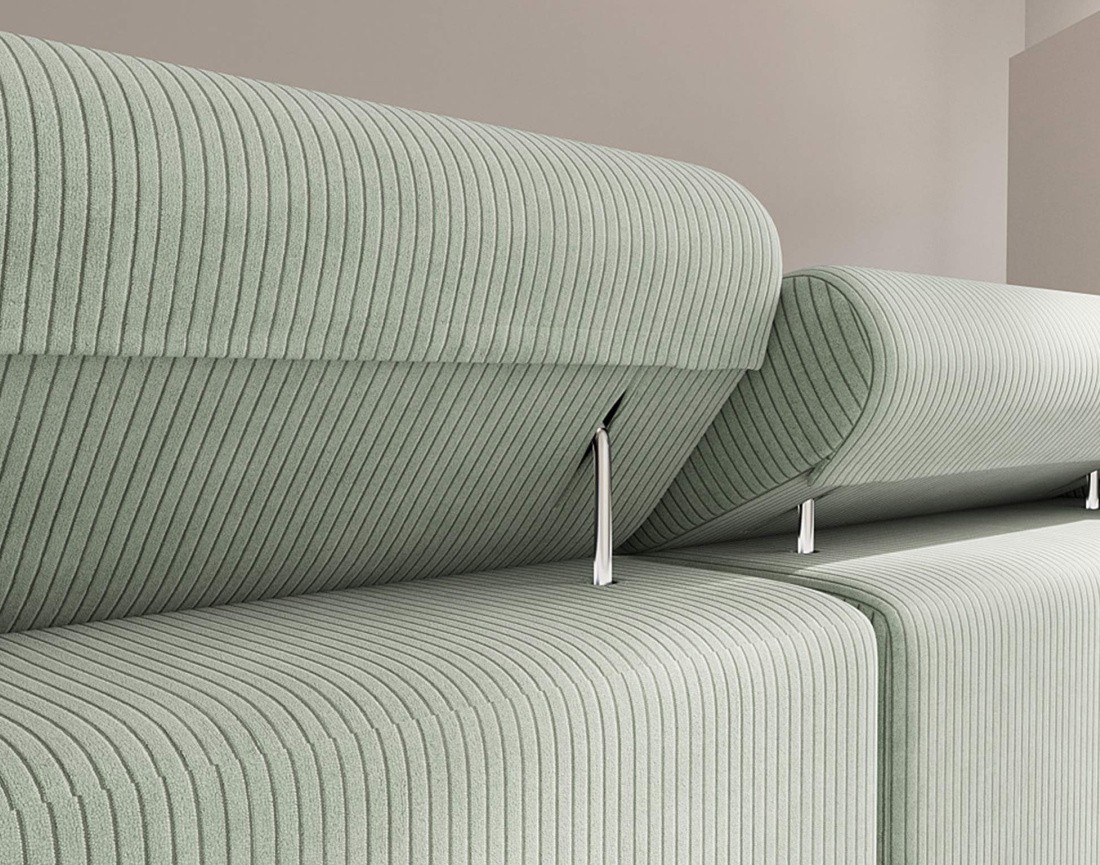 Canapé d'angle droit 6 places convertible avec coffre et têtières réglables en velours côtelé Pablo