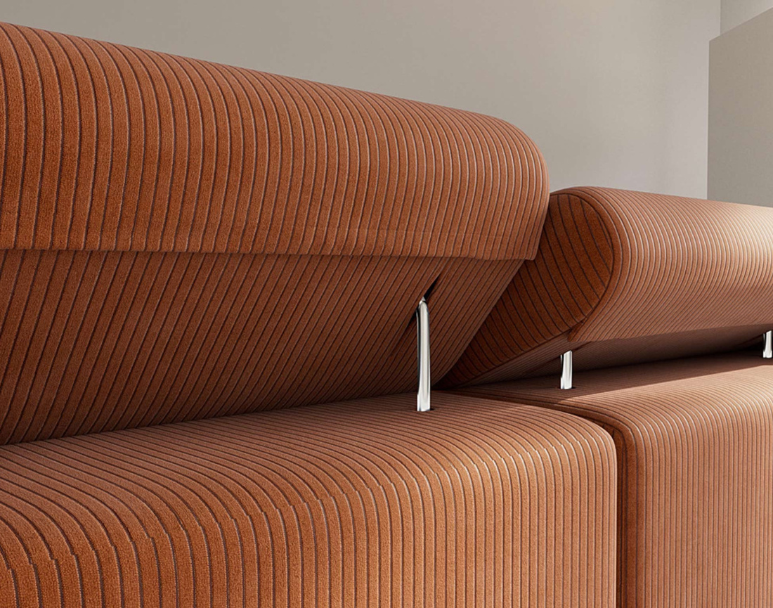 Canapé d'angle droit 6 places convertible avec coffre et têtières réglables en velours côtelé Pablo