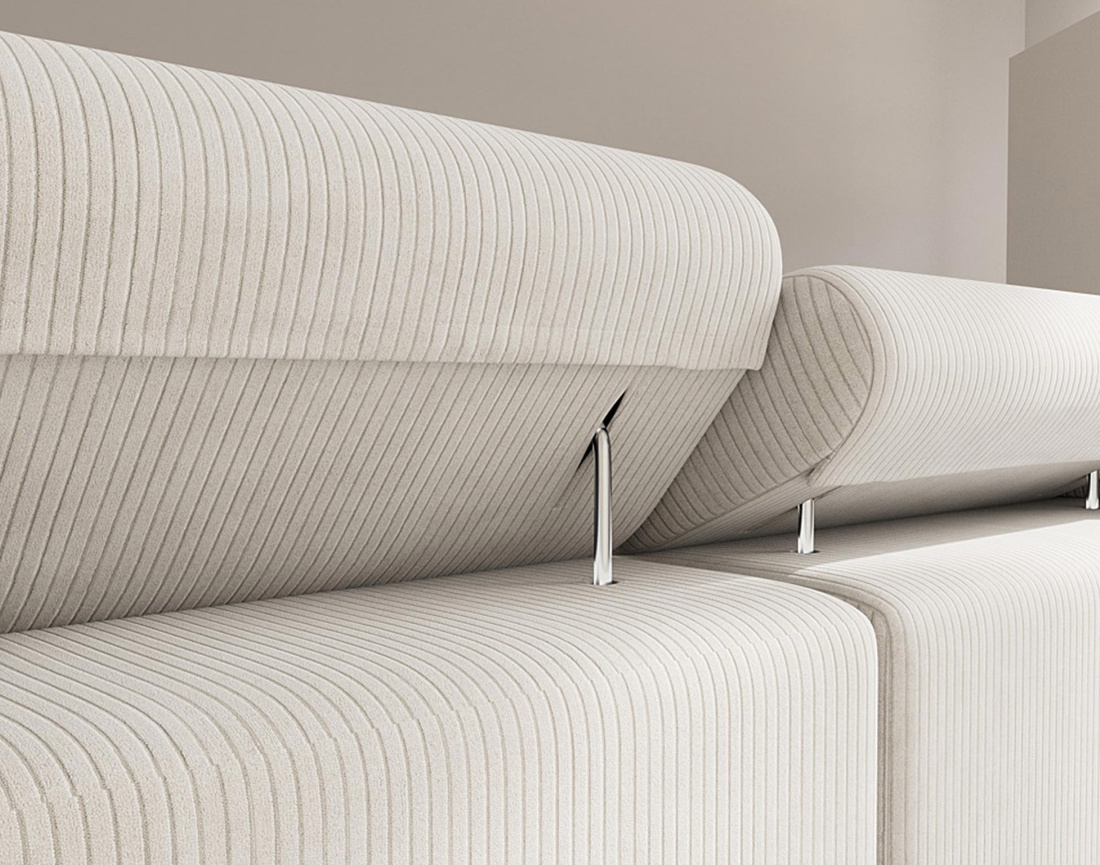 Canapé d'angle droit 6 places convertible avec coffre et têtières réglables en velours côtelé Pablo