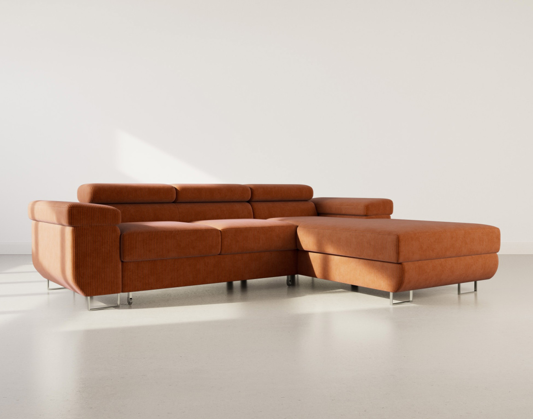 Canapé d'angle droit 6 places convertible avec coffre et têtières réglables en velours côtelé Pablo