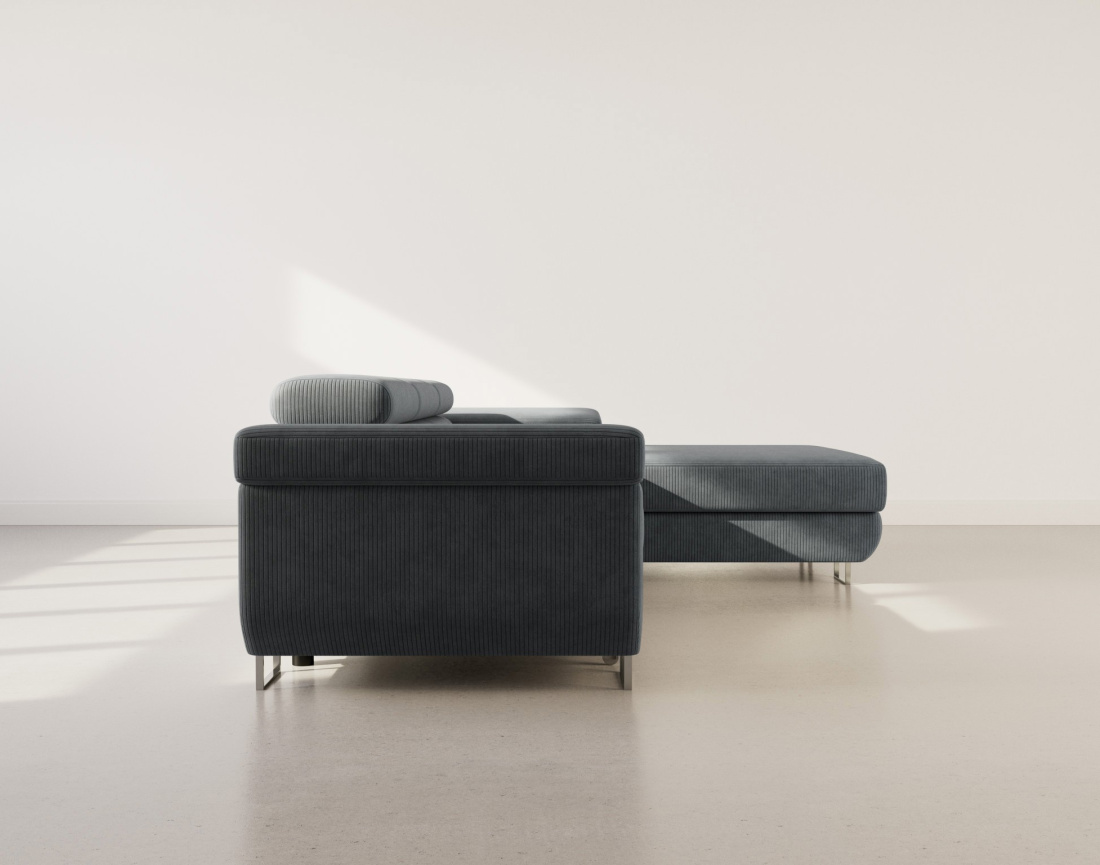 Canapé d'angle droit 6 places convertible avec coffre et têtières réglables en velours côtelé Pablo