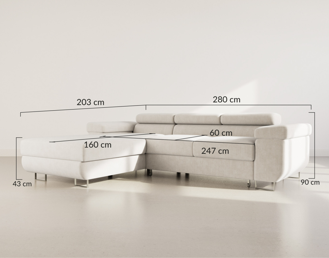 Canapé d'angle gauche 6 places convertible avec coffre et têtières réglables en velours côtelé Pablo