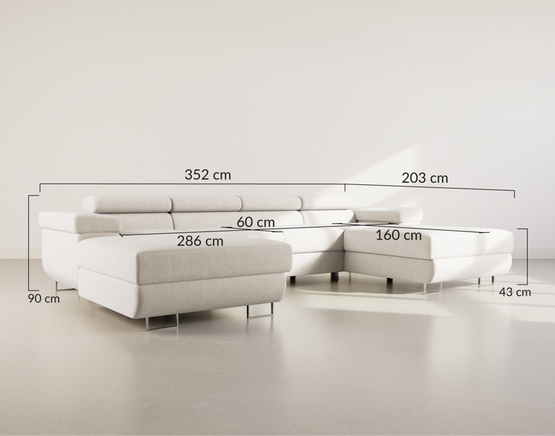 Canapé panoramique en U 7 places convertible avec coffres et têtières réglables en velours côtelé Pablo