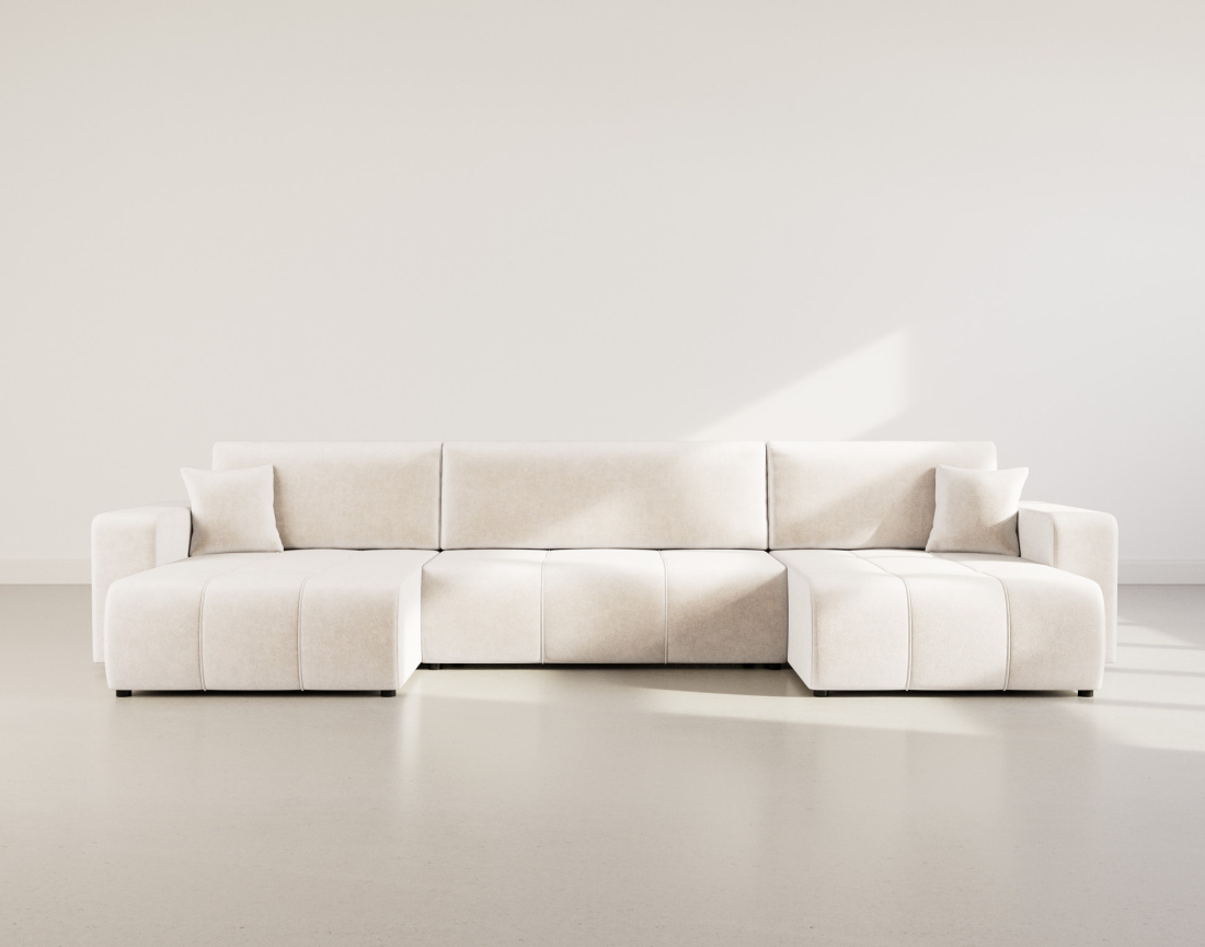 Canapé panoramique en U 7 places convertible avec coffre en tissu Nicole