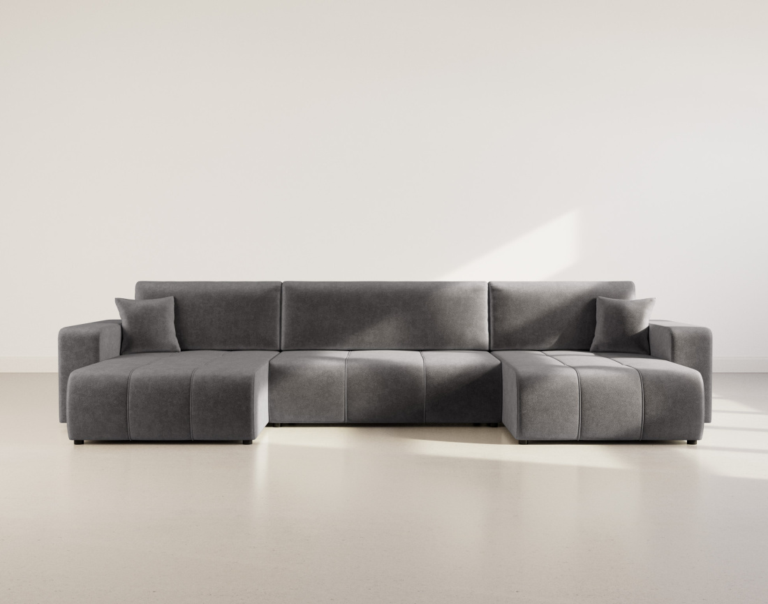 Canapé panoramique en U 7 places convertible avec coffre en tissu Nicole