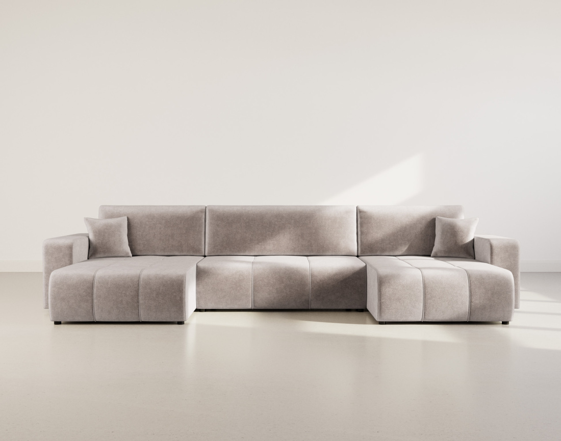 Canapé panoramique en U 7 places convertible avec coffre en tissu Nicole