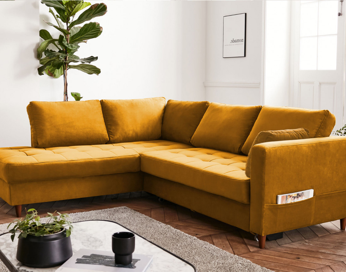 Canapé d'angle gauche 5 places convertible en velours Anna