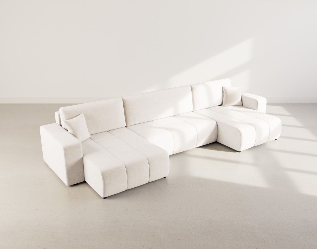 Canapé panoramique en U 7 places convertible avec coffre en tissu Nicole