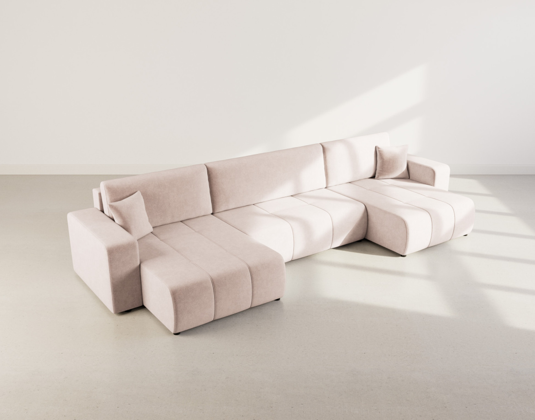 Canapé panoramique en U 7 places convertible avec coffre en tissu Nicole