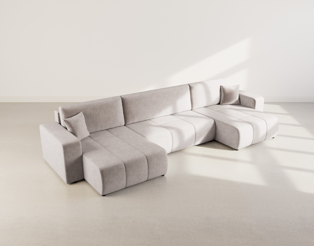 Canapé panoramique en U 7 places convertible avec coffre en tissu Nicole