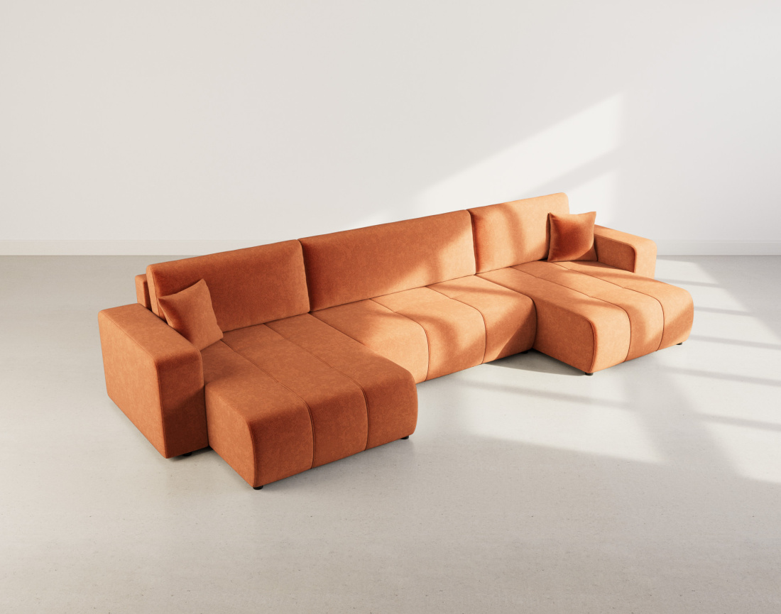 Canapé panoramique en U 7 places convertible avec coffre en tissu Nicole