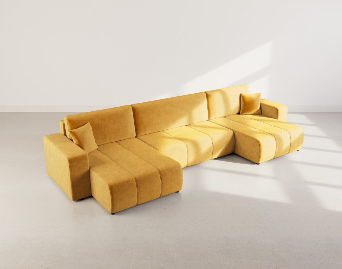 Canapé panoramique en U 7 places convertible avec coffre en tissu Nicole