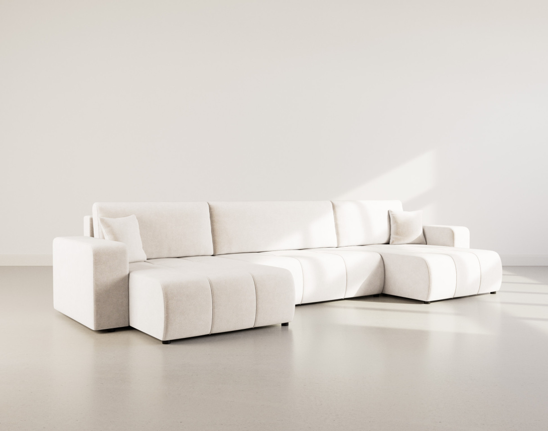 Canapé panoramique en U 7 places convertible avec coffre en tissu Nicole