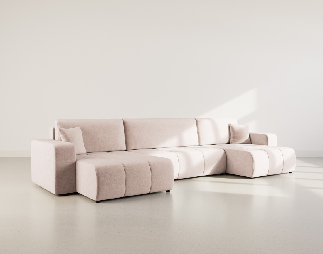 Canapé panoramique en U 7 places convertible avec coffre en tissu Nicole