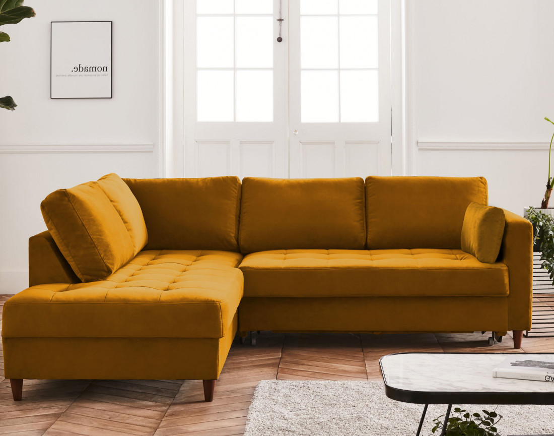 Canapé d'angle gauche 5 places convertible en velours Anna