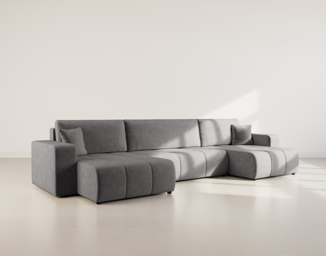 Canapé panoramique en U 7 places convertible avec coffre en tissu Nicole