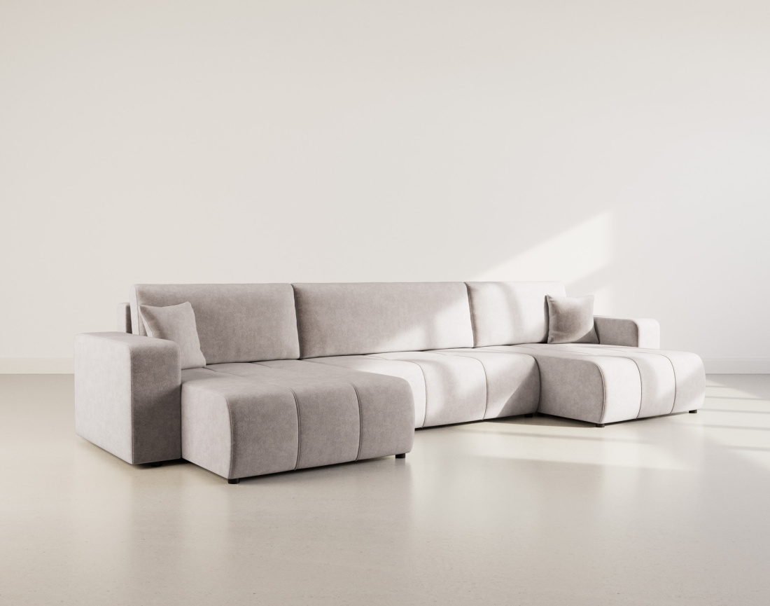 Canapé panoramique en U 7 places convertible avec coffre en tissu Nicole