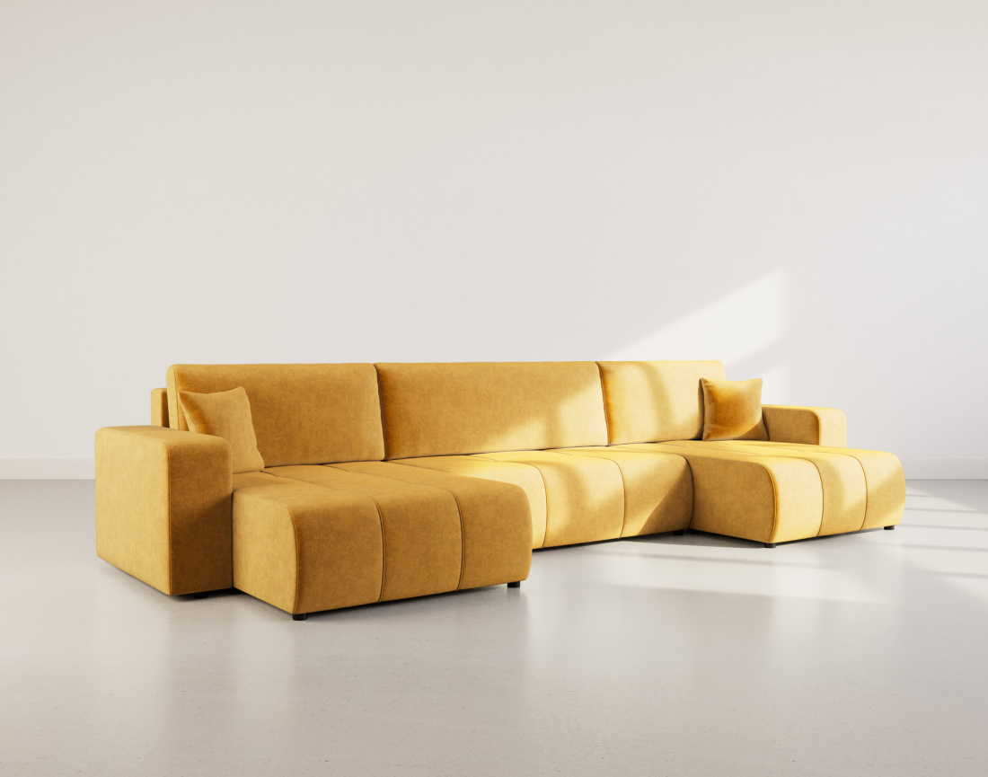 Canapé panoramique en U 7 places convertible avec coffre en tissu Nicole