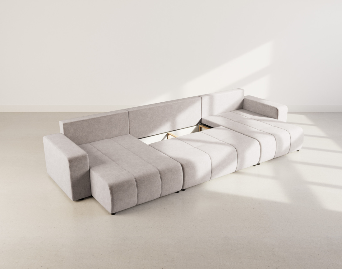 Canapé panoramique en U 7 places convertible avec coffre en tissu Nicole