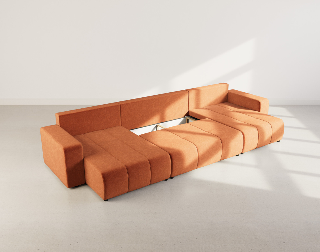 Canapé panoramique en U 7 places convertible avec coffre en tissu Nicole