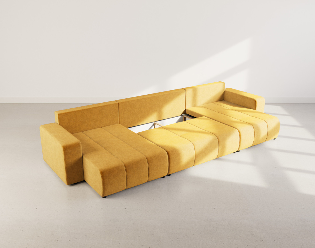 Canapé panoramique en U 7 places convertible avec coffre en tissu Nicole