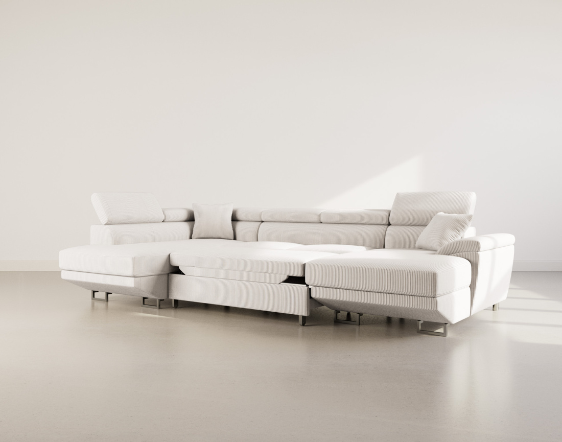 Canapé panoramique d'angle gauche 7 places convertible avec têtières et coffre en velours côtelé Baoji