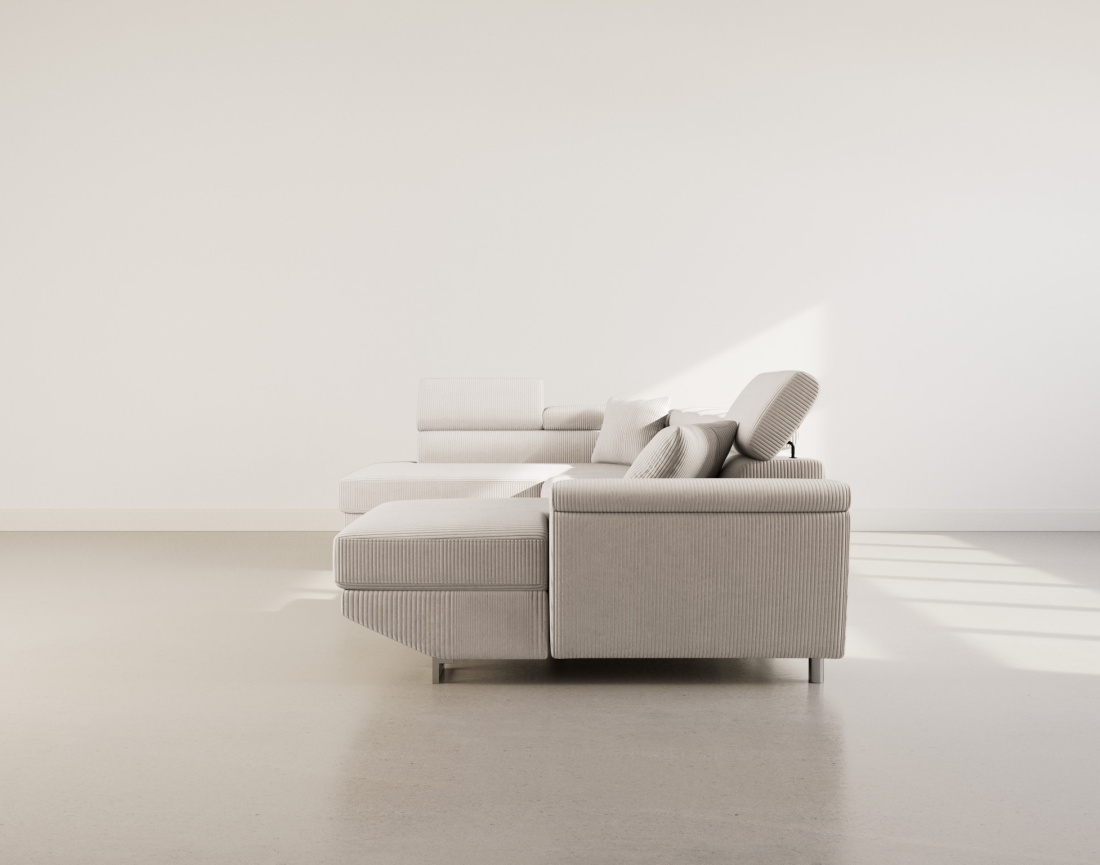 Canapé panoramique d'angle gauche 7 places convertible avec têtières et coffre en velours côtelé Baoji