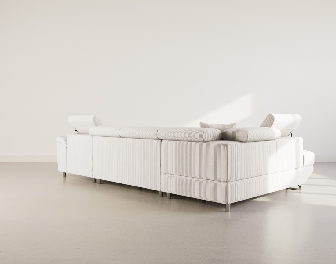 Canapé panoramique d'angle gauche 7 places convertible avec têtières et coffre en velours côtelé Baoji