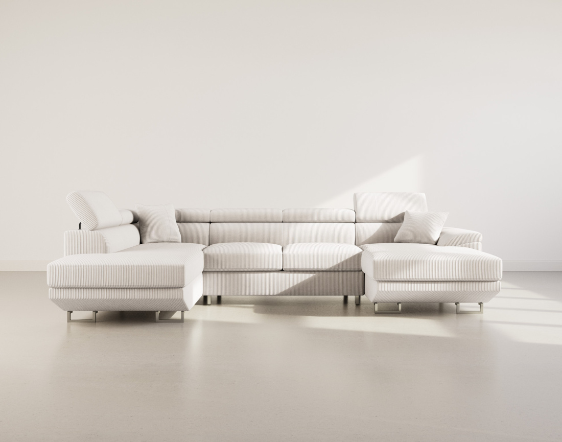 Canapé panoramique d'angle gauche 7 places convertible avec têtières et coffre en velours côtelé Baoji