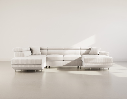 Canapé panoramique d'angle gauche 7 places convertible avec têtières et coffre en velours côtelé Baoji