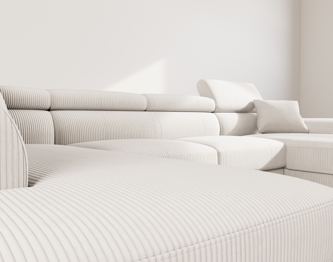 Canapé panoramique d'angle gauche 7 places convertible avec têtières et coffre en velours côtelé Baoji