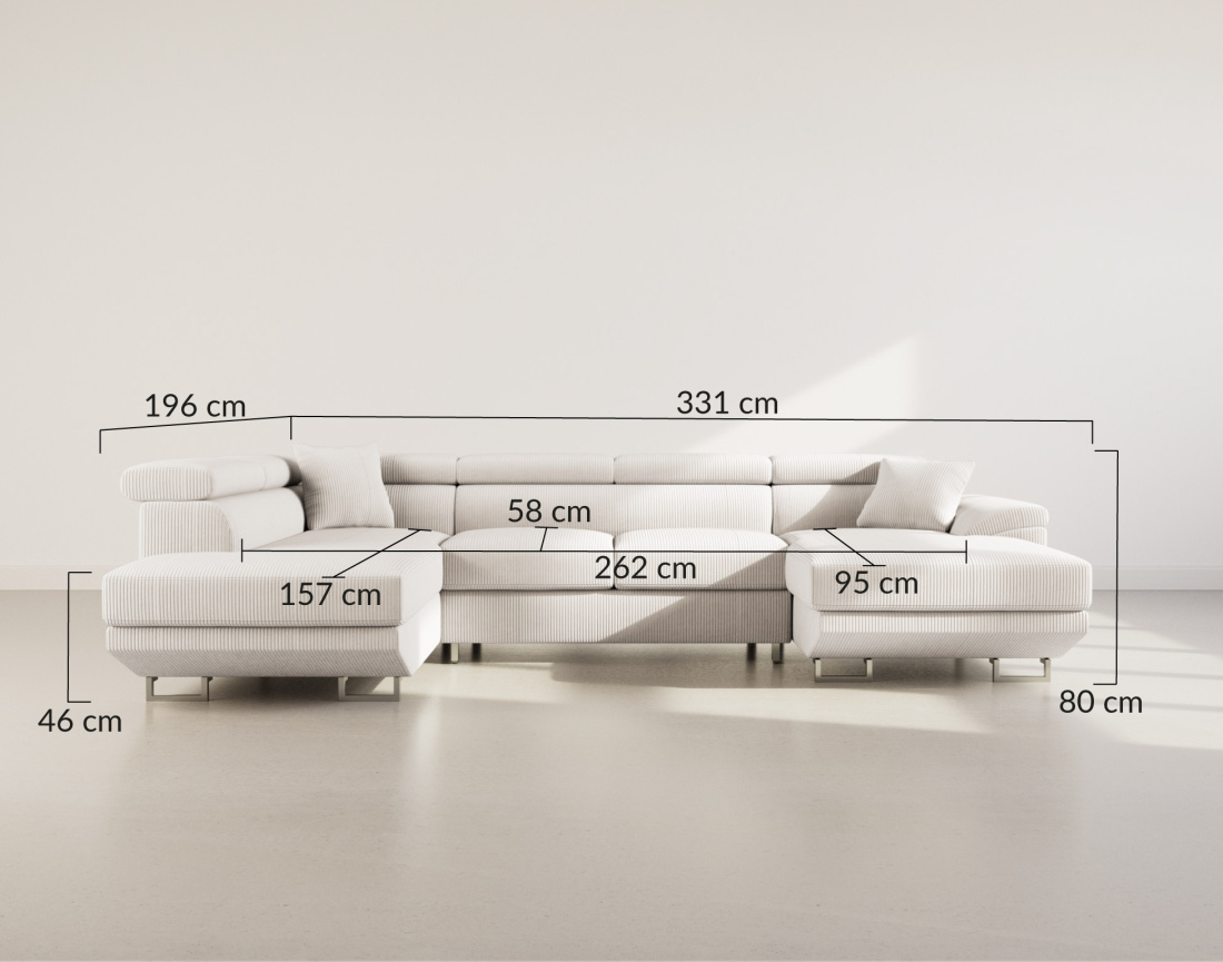 Canapé panoramique d'angle gauche 7 places convertible avec têtières et coffre en velours côtelé Baoji