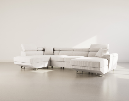 Canapé panoramique d'angle gauche 7 places convertible avec têtières et coffre en velours côtelé Baoji