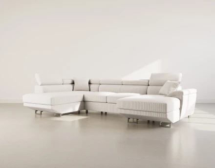 Canapé panoramique d'angle gauche 7 places convertible avec têtières et coffre en velours côtelé Baoji