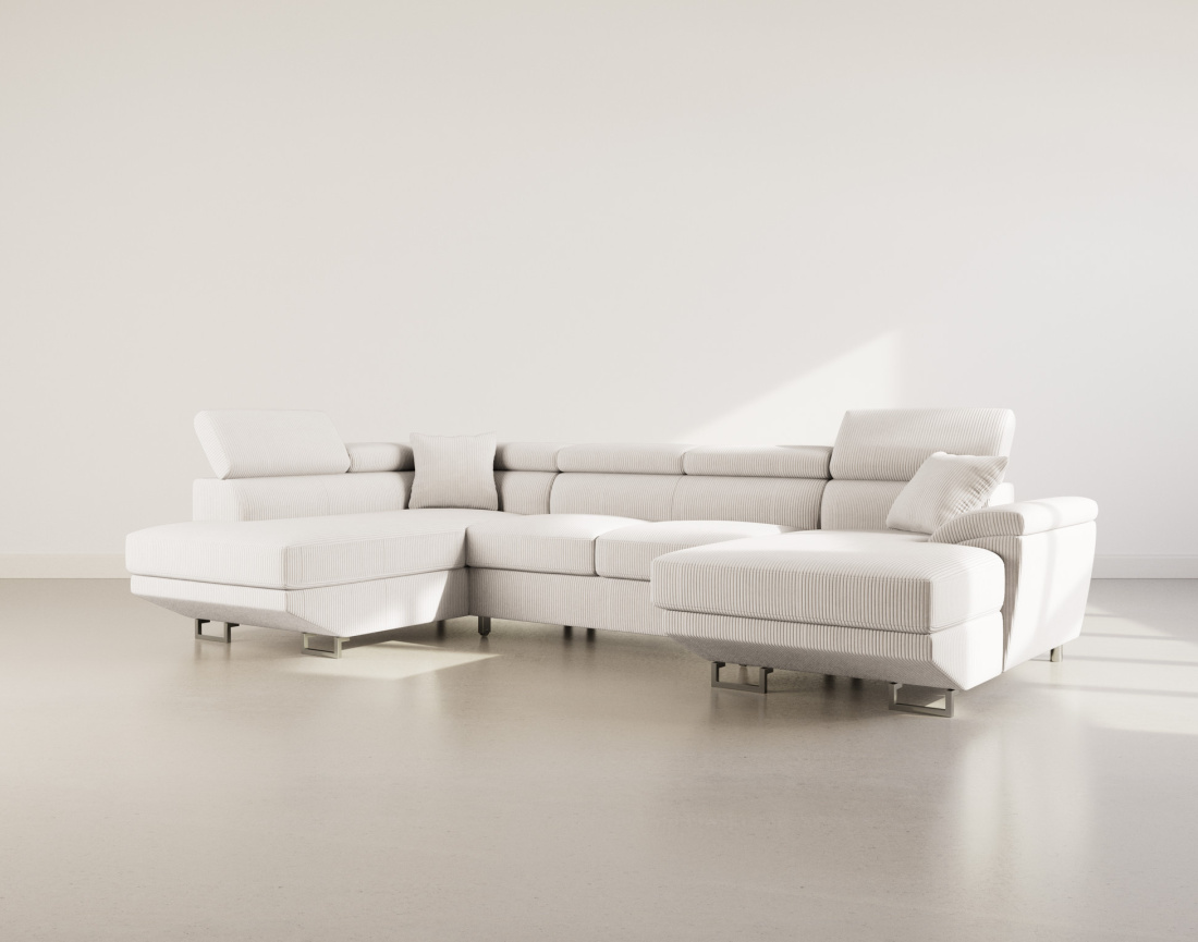 Canapé panoramique d'angle gauche 7 places convertible avec têtières et coffre en velours côtelé Baoji