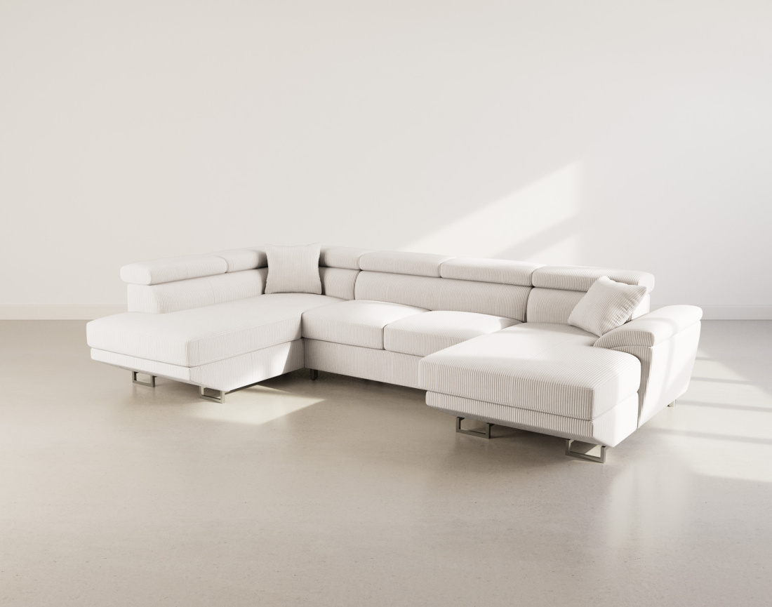 Canapé panoramique d'angle gauche 7 places convertible avec têtières et coffre en velours côtelé Baoji