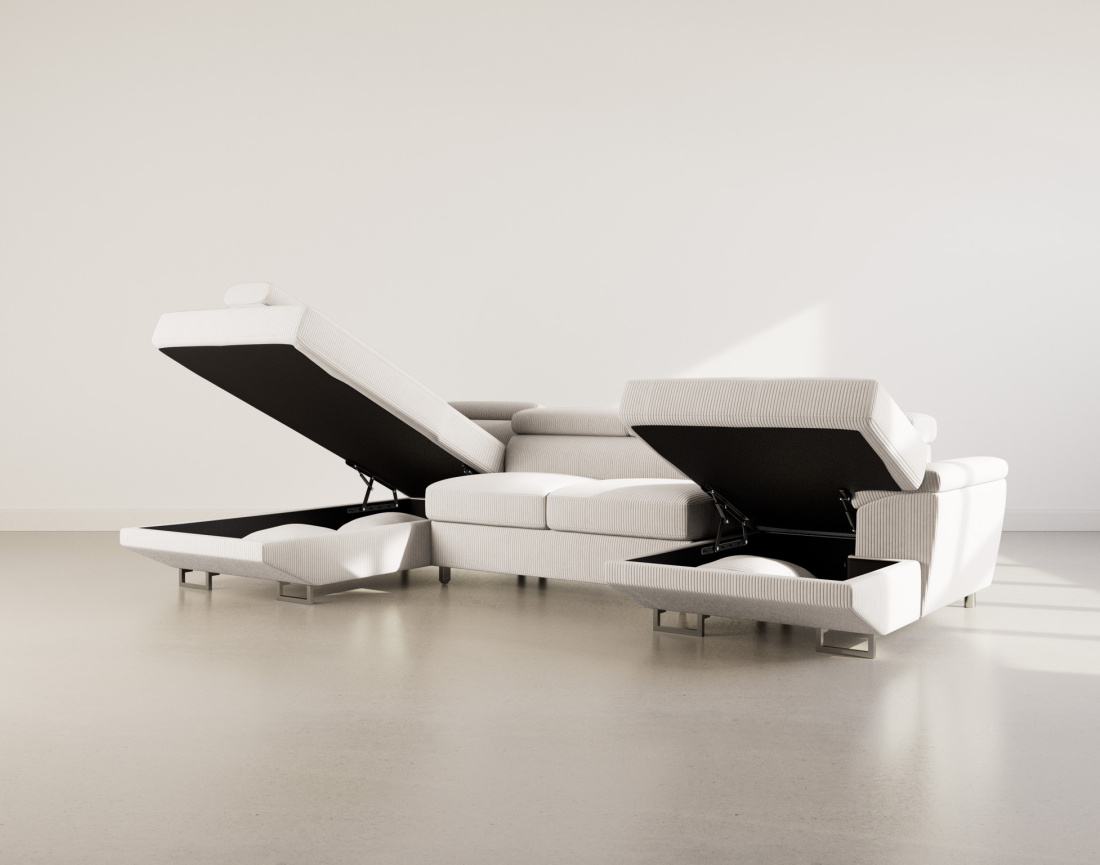 Canapé panoramique d'angle gauche 7 places convertible avec têtières et coffre en velours côtelé Baoji