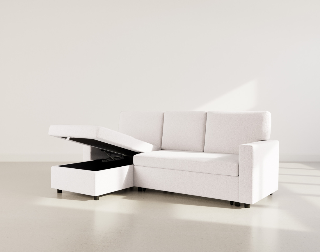 Canapé d’angle réversible 4 places convertible avec coffre en tissu bouclette Meiya