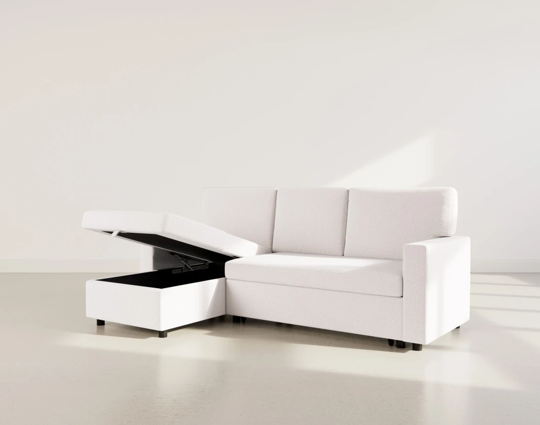 Canapé d’angle réversible 4 places convertible avec coffre en tissu bouclette Meiya