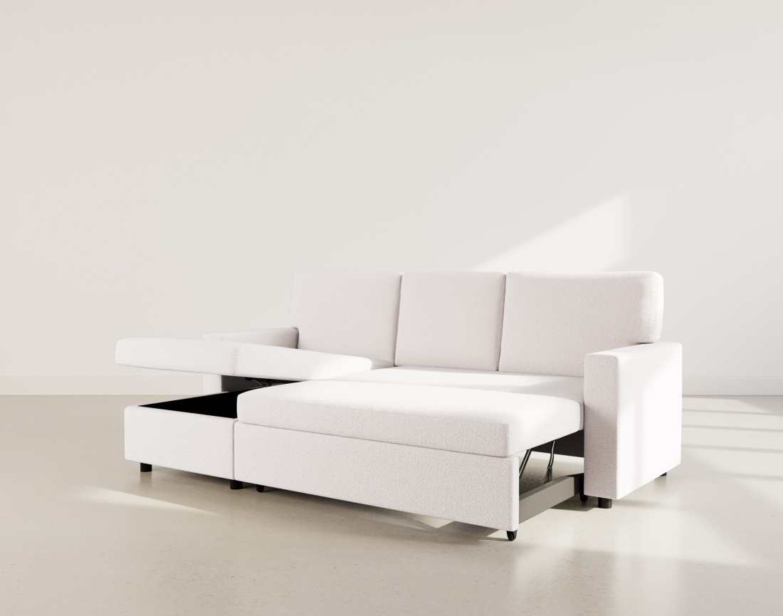 Canapé d’angle réversible 4 places convertible avec coffre en tissu bouclette Meiya