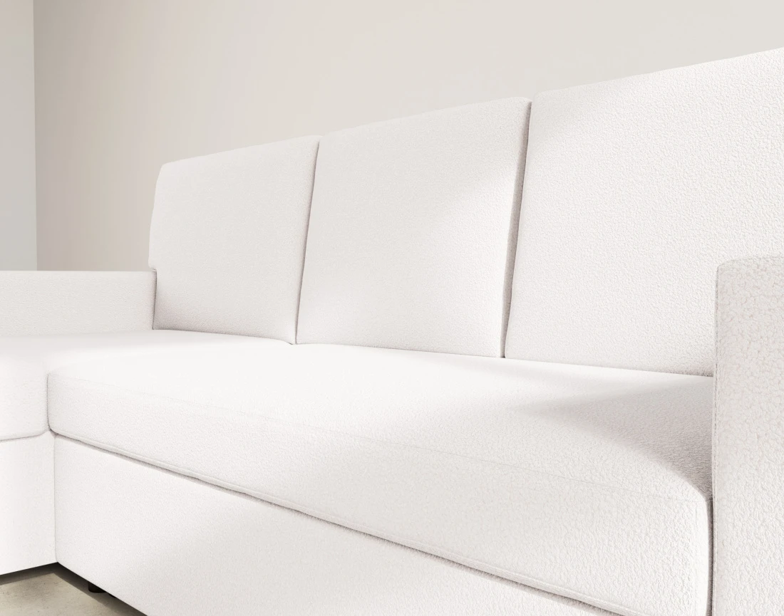 Canapé d’angle réversible 4 places convertible avec coffre en tissu bouclette Meiya