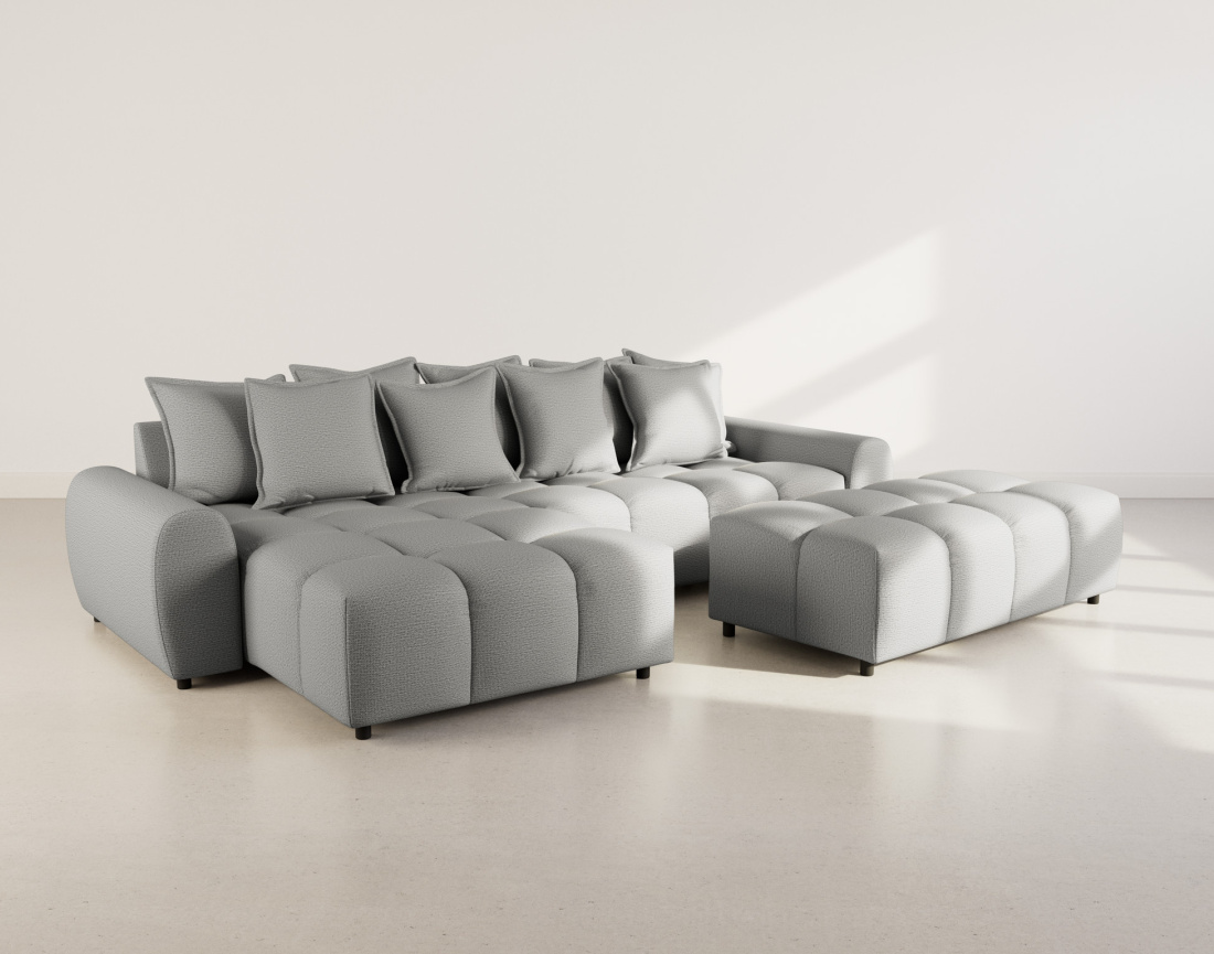 Thumbnail video of the produit Adelaide - canapé d'angle réversible 4 places avec pouf d'appoint en tissu texturé