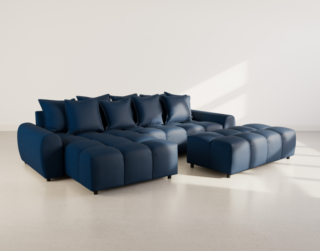 Thumbnail video of the produit Adelaide - canapé d'angle réversible 4 places avec pouf d'appoint en tissu texturé